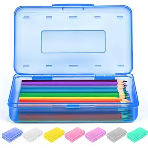 1 Pack Clear Plastic Pencil Box, Large Crayon Box, Colored Hard Pencil Case Organizer with Lid, Small Art Craft Storage Containers for Boys School, Blue