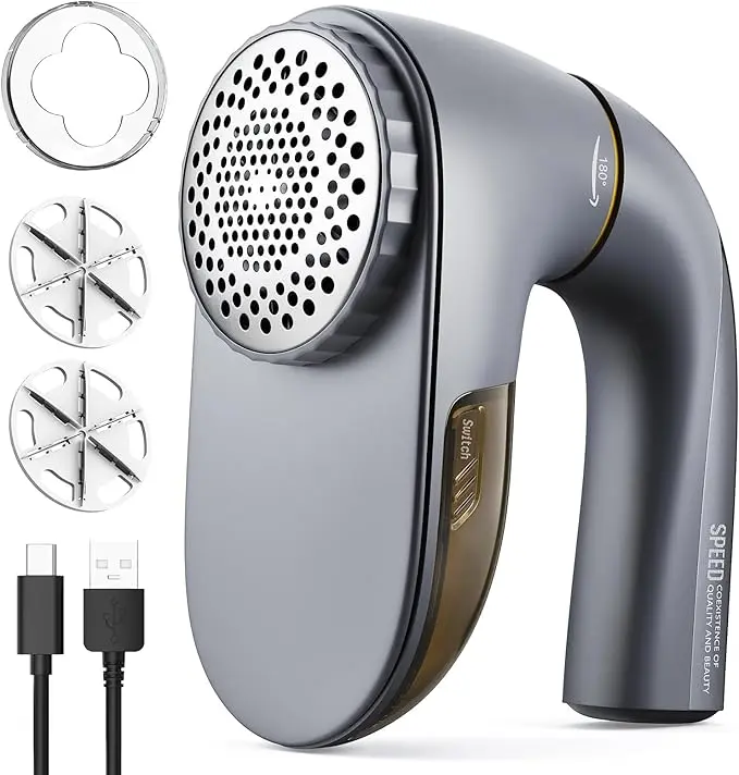 Fabric Shaver - Lint Remover with 6-Leaf Blades, 2 Speed Sweater Shavers for Pilling Removal, Gray, USB Rechargeable
