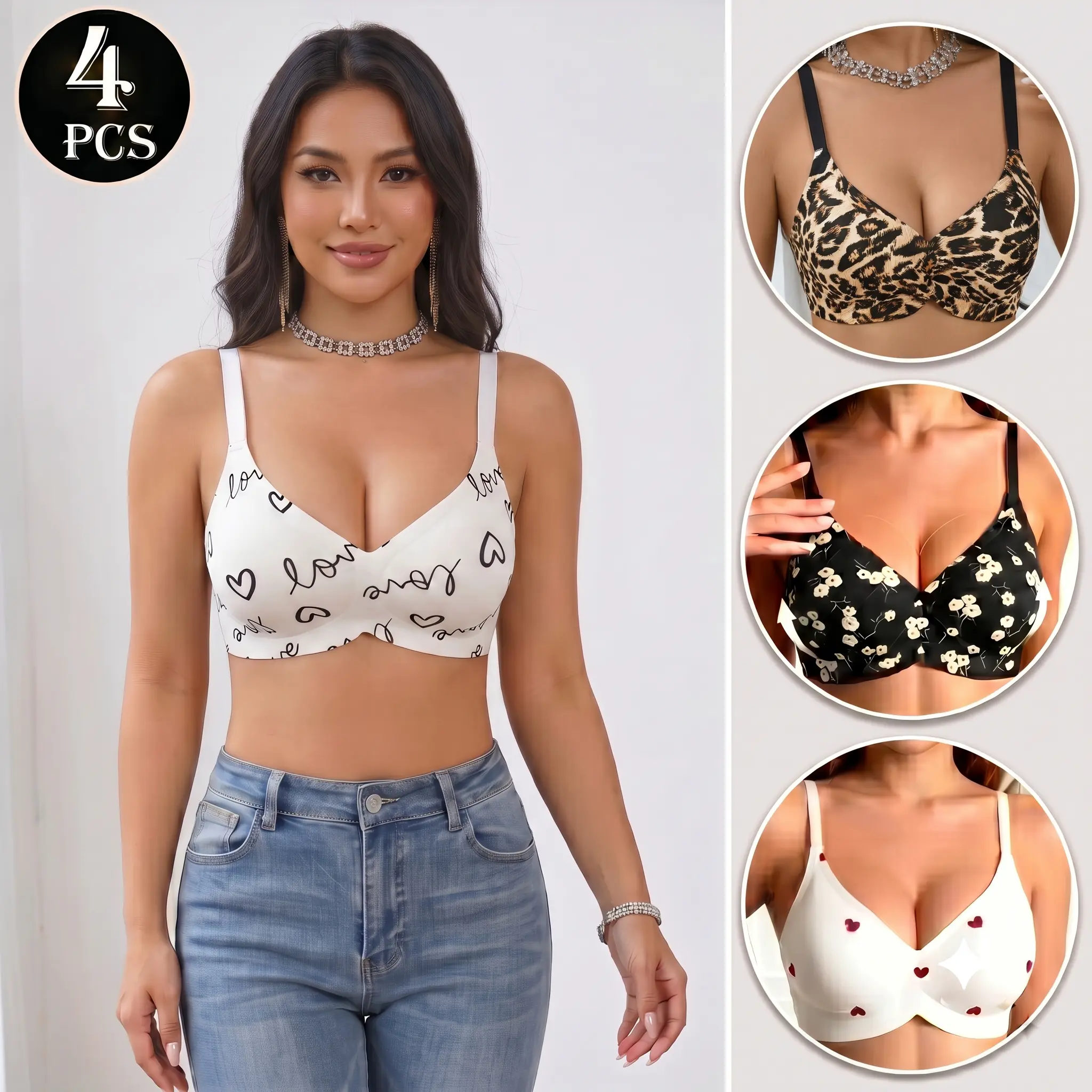 Women's 4-Piece Leopard-Print Jelly Wireless Bralette Set - Seamless Full-Coverage, Back-Smoothing Side Coverage, Buttery-Soft Adjustable Straps, Anti-Bulge Invisible T-Shirt Bra for Lounge, Everyday Wear