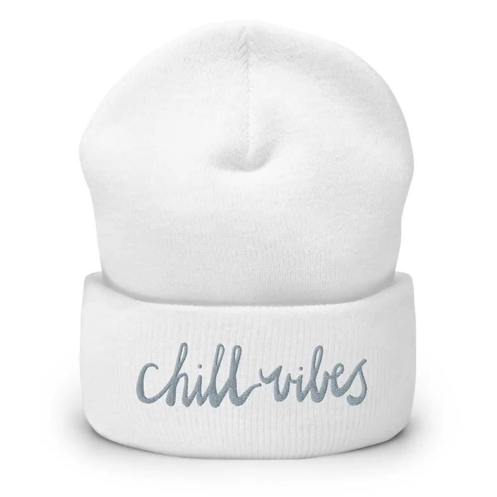 Gray Embroidered Chill Vibes Womens Winter Hat - Cuffed Knit Beanie Gift for Cold Months