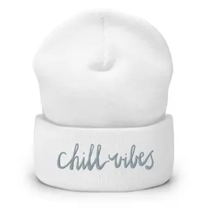 Gray Embroidered Chill Vibes Womens Winter Hat - Cuffed Knit Beanie Gift for Cold Months
