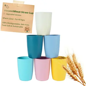 Wheat Straw Cups, Plastic Cups , Unbreakable Drinking Glasses with ,  Plastic Cups, Dishwasher Safe,  Cups for Party Office Outdoor , 6 Pack(12OZ, Multi)