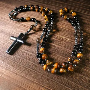 Protection Rosary Necklace, Hematite Cross Charm Pendant, Natural Obsidian Tiger's Eye Healing Crystal Amulet, Spiritual Jewelry for Women Men, Gift for Him & Her