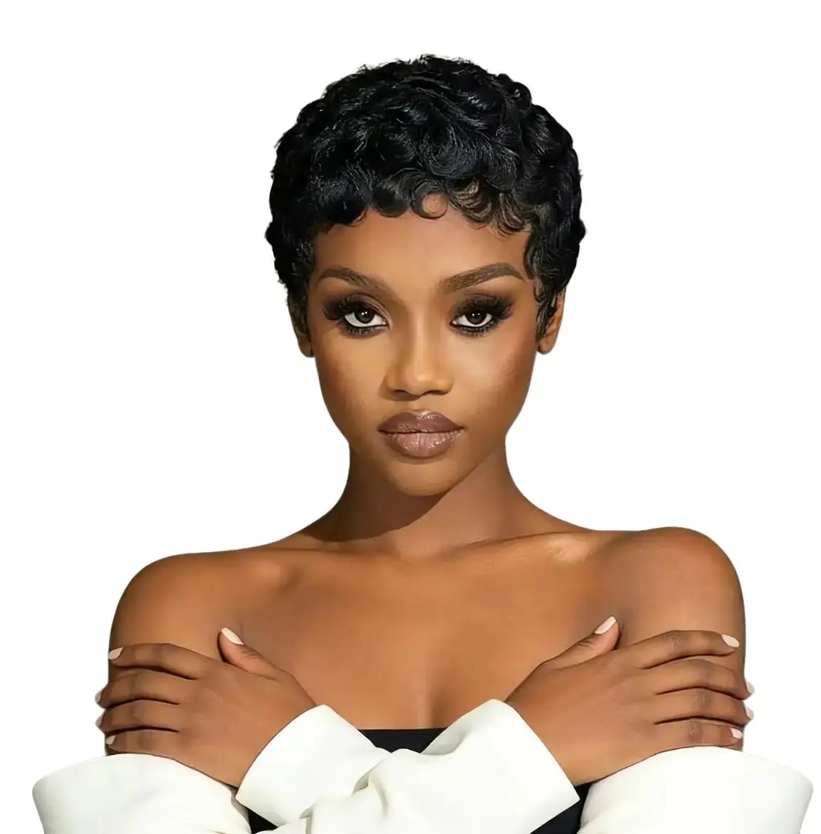 Sherawe Women's 6 inch Curly Pixie Cut Wig, 100% Human Hair Full Machine Wig, 12A Grade, 1B/99J 1B Style, 180% Density, 22.5-in Cap, Heat-Resistant Summer Style, Bleach & Dye Ready