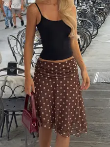 Spring Summer Women's Casual Versatile Polka Dot Mesh High Waist Slim Fit Double Layer A-Line Midi Skirt Bottom
