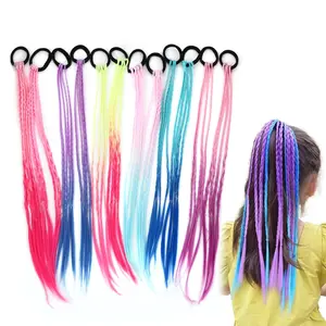18 Inch Girls Rubber Bands Hair Extensions for Kids Crazy Hair Day Accessories Colorful Wigs Colored Braids for for Girls Women Hair with Rubber Bands Rainbow Braided Synthetic Ponytail for 12pcs