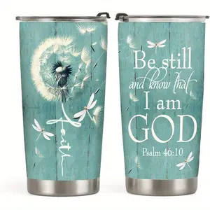 20oz Dandelion Dragonfly Faith Tumbler 20oz, Know That I Am God, Religious, Christian Gifts, Coffee Insulated Bottle for Women, Stainless Steel Double Wall Vacuum Insulated Coffee Mug, Travel Cup with Lid