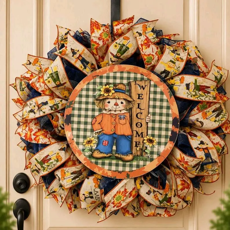 Handmade Scarecrow Fall Wreath, Autumn Farmhouse Door Decor, Rustic Thanksgiving Welcome Hanger