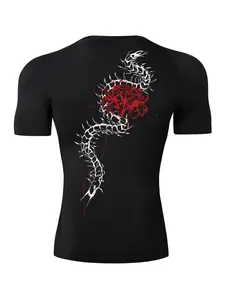 Men's Regular Fit Snake & Lotus Print Round Neck Short Sleeve Sports Tee, Quick Drying Breathable T-shirt for Gym Workout Running, Breathable Workout Shirts, Casual Sporty Top for Summer