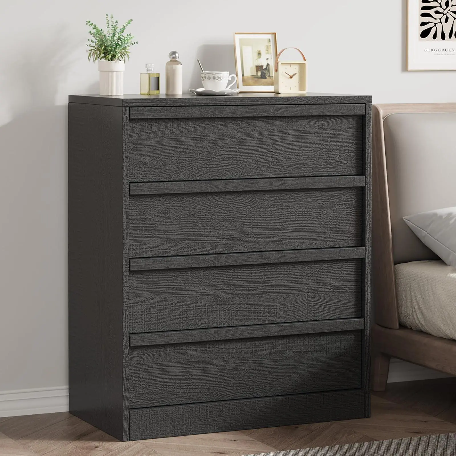 GAOMON 4-Drawer Sturdy Wood Modern Cabinet Nightstand, 29.5"w x 15.7"d x 39.3"h Side Table with Drawer Organization & Anti-Tip Base for Bedroom, Nursery - Black