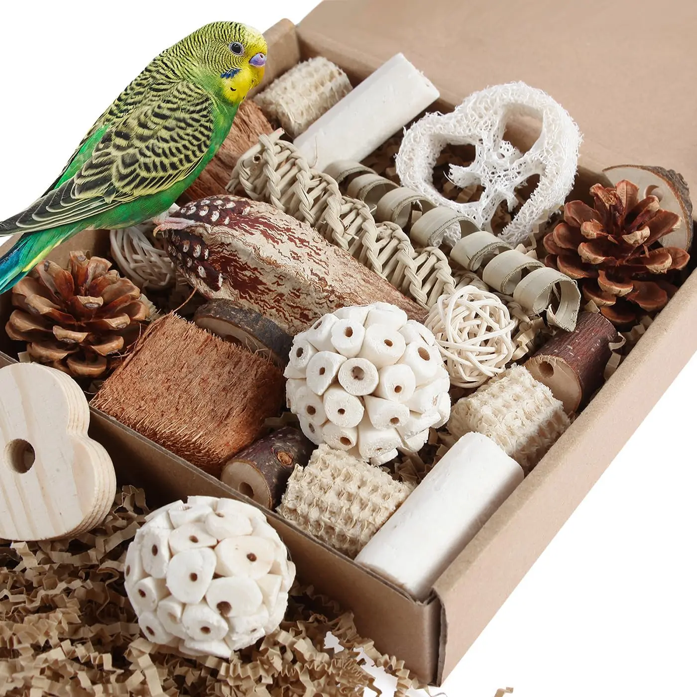 Natural Bird Foraging Box Toy - Shredding, Interactive Box Keeps Beaks Busy, Bamboo Weave Fun, Easy to Set Up Ball/Chaser Toy for Small to Medium Birds (Parakeets, Cockatiels, Conures, Lovebirds)