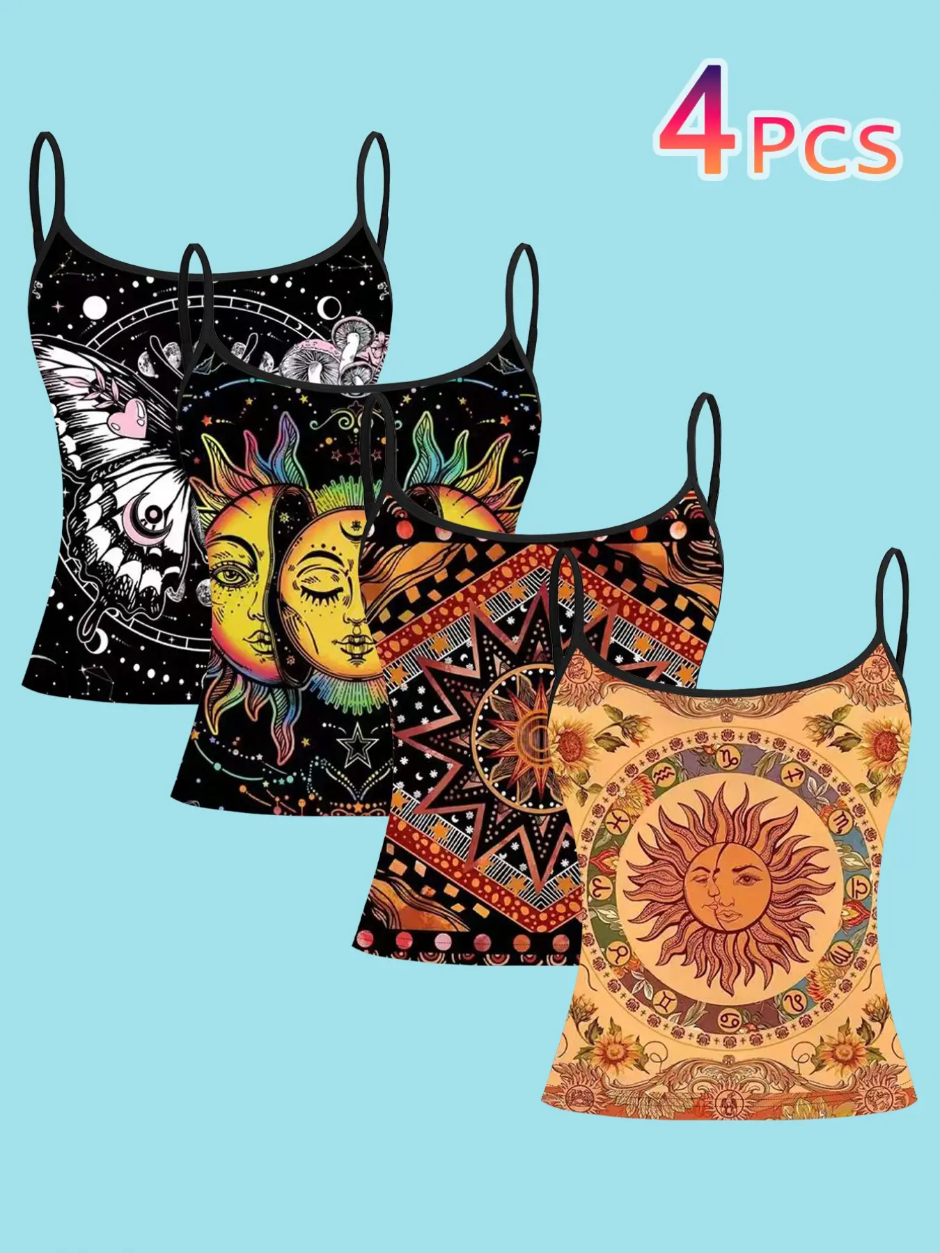 Boho Style Sun Moon Star Print Strappy Top, Bohemian Vintage Sexy Slim Fit Lightweight Shirt, Four Pieces Set, Casual Fashion Wear for Women, Womenswear