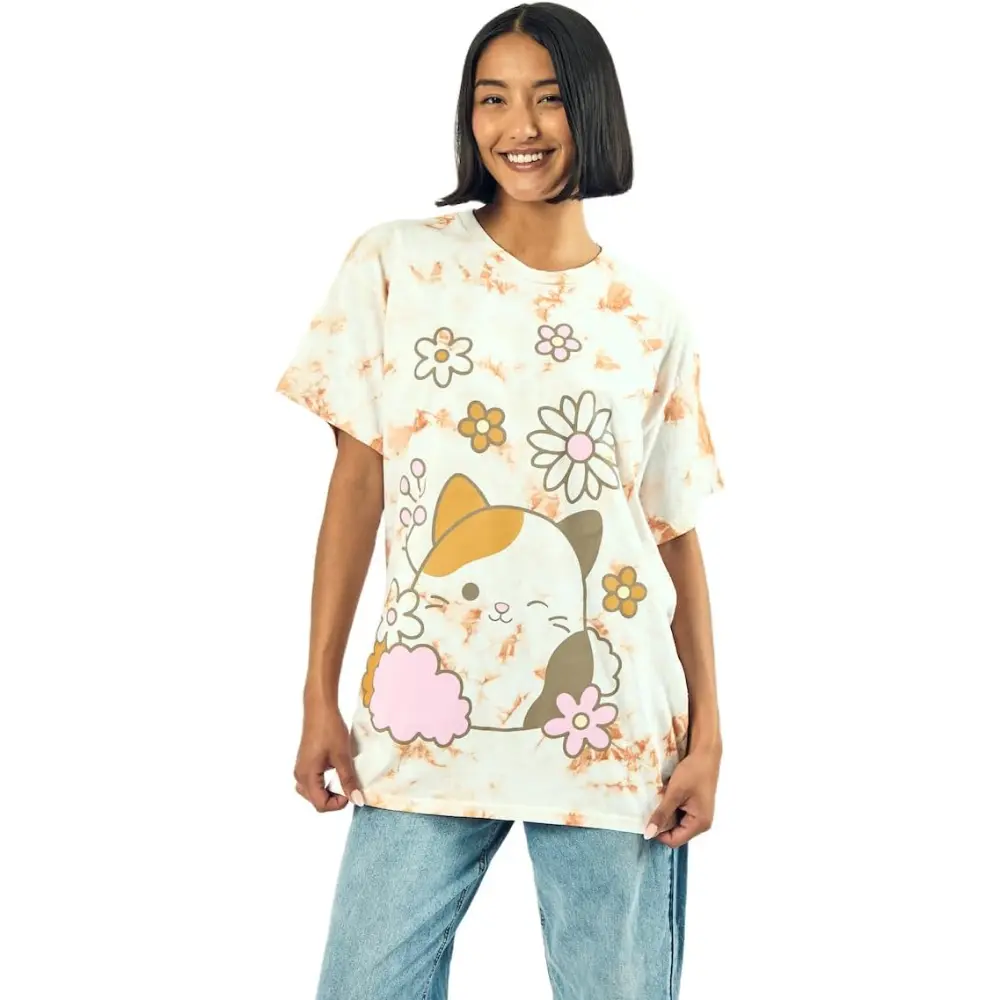 Women's Cotton Casual Comfortable Apparel - Squishmallows Cam Floral Print Cloud Wash Crew Neck Short Sleeve T-Shirt, Fit