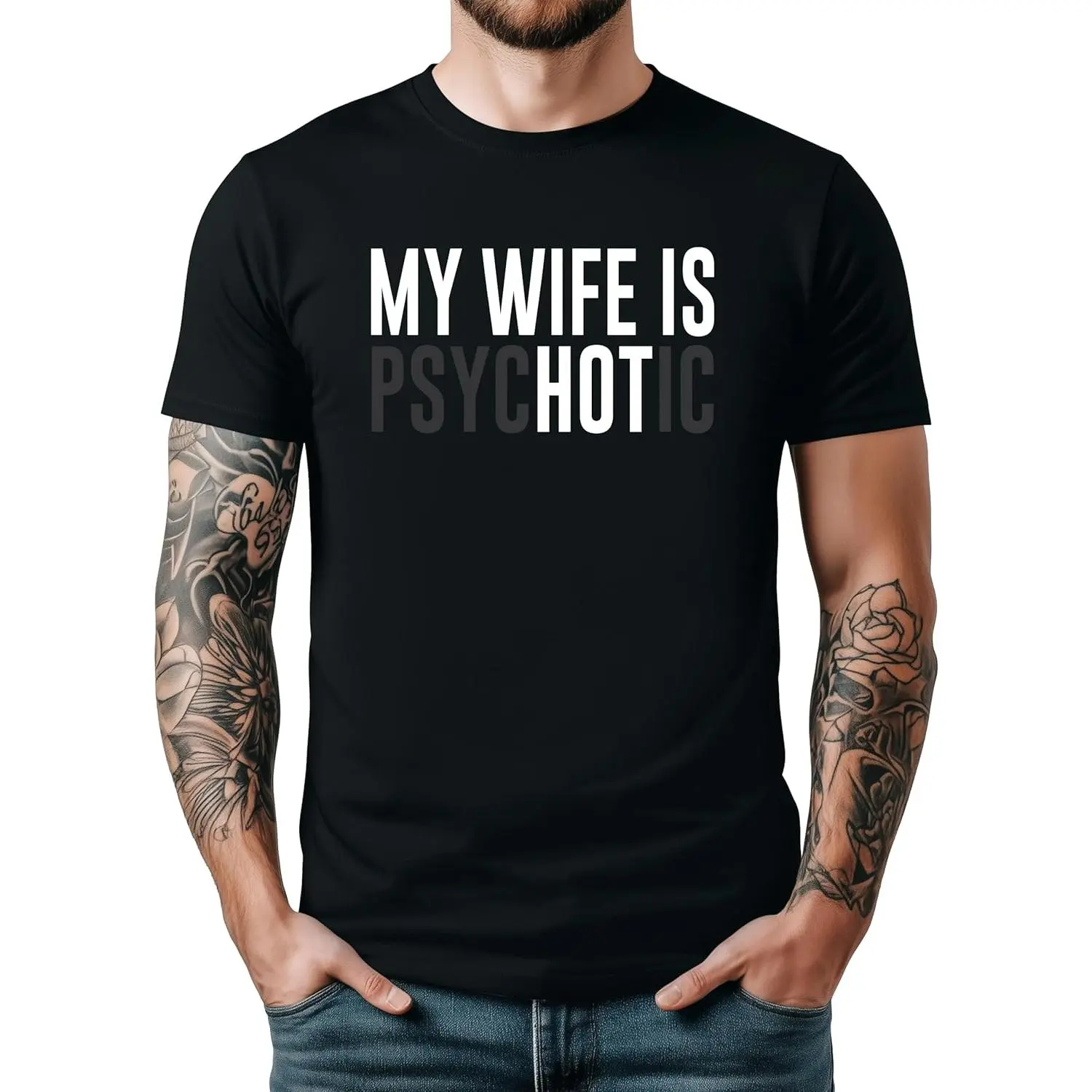 Men's Cotton Casual Short-Sleeve Round Neck T-Shirt - Funny Text "My Wife is Psychotic" Graphic Top for Husbands, Korean Preppy Cute All-Seasons Streetwear Menswear Apparel