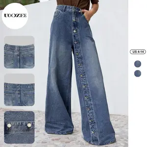 UOOZEE Women's Casual Pockets Decorative Non-functional Buttons Wide Leg Loose Back Elastic Jeans High Waist Single Breasted Non-Elastic Regular Back Waist Comfortable Fit Outfits Womenswear Clothes Denim Bottom straight leg jeans Hip