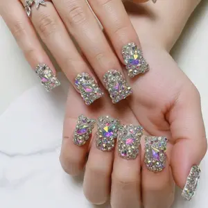 Nailrosy Handmade Press-On Nails Kit, 10 Pcs Glossy Hand-Painted Duck Nails with Full Silver Rhinestone Decor, Multi-Pack Sparkly Set in Gift Box for Birthday Party, Mother’s Day