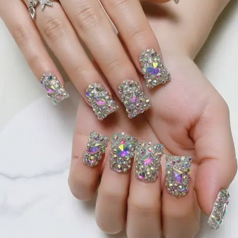 Women's Nailrosy Glitter Chic Press-On Nails Multi-Pack - 10-Pc Handmade Duck Style Fall Nails for 2026 Kit with 3D Rhinestones, Reusable Easy At-Home Manicure Accessory, Perfect Fit, Storage Box, XS