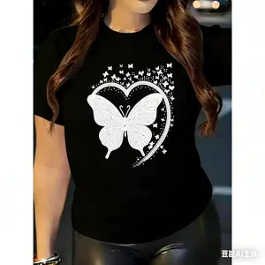 Cotton Short Sleeve  T-Shirt Chic Valentine's Day Butterfly Heart Print Casual T-Shirt for - Soft Polyester, Crew Neck, Short Sleeve, Machine Washable