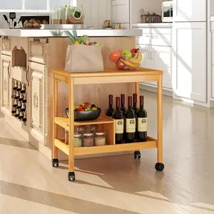 3-Tier Bamboo Cart with Wheels - Storage Cart, Coffee Cart, Shelf Rack Organizer for Kitchen, Living Room, Office- Durable Bamboo Material, Kitchen Storage Cart