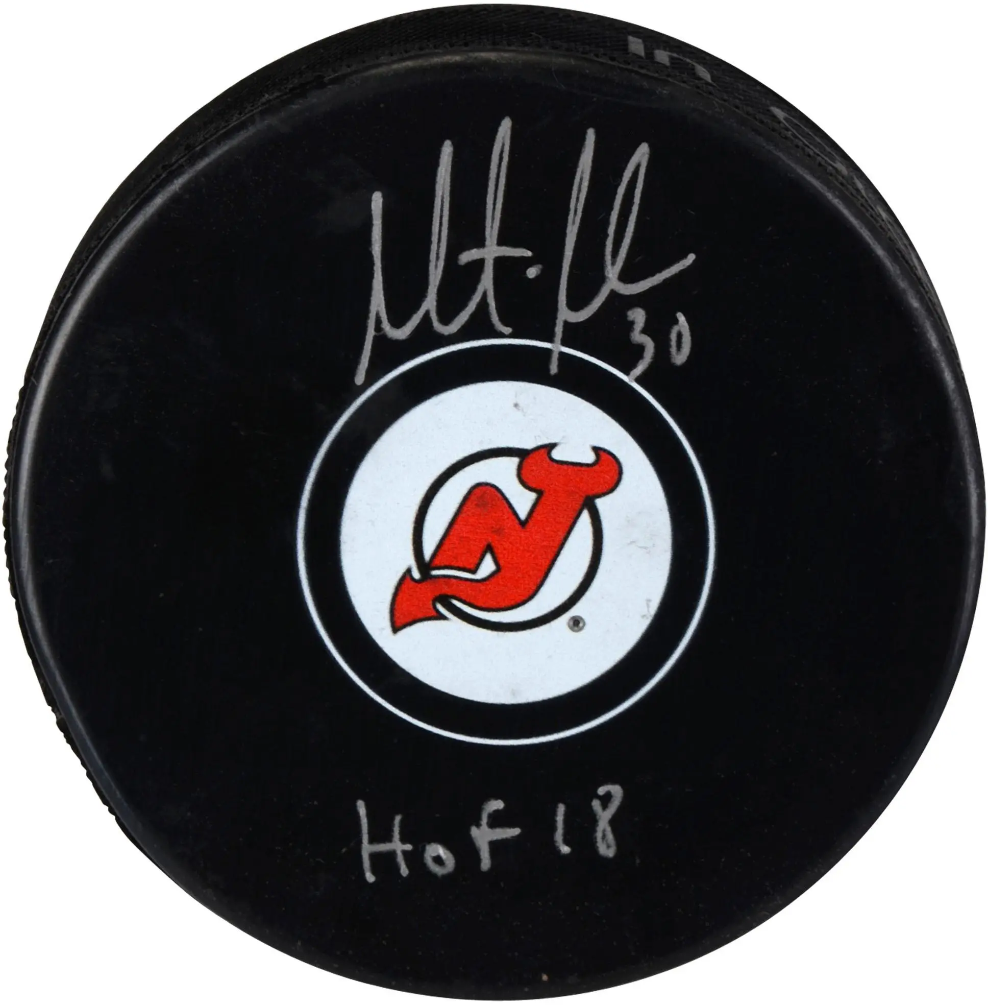 Martin Brodeur New Jersey Devils Autographed Hockey Puck with "HOF 18" Inscription - Fanatics Authentic Certified