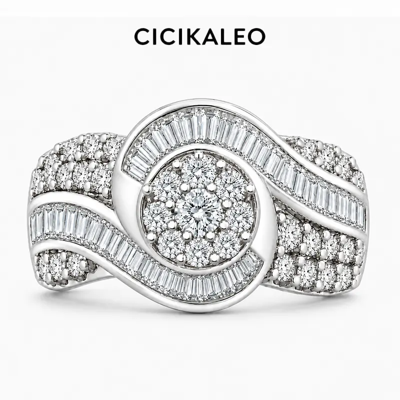 CICIKALEO S925 Women's Swirl Cluster CZ Statement Ring, Baguette & Pavé Band, Silver-Tone Fashion Ring with Elegant Design & Eye-Catching Center Stone, Wedding Ring Set