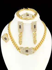 Dubai Style 5-Piece Jewelry Set, Geometric Pattern Rhinestones, 18k Gold Plated Cuban Chain, High-Quality Necklace Bracelet Earrings Ring, Wedding Party Gift Festive Celebrations