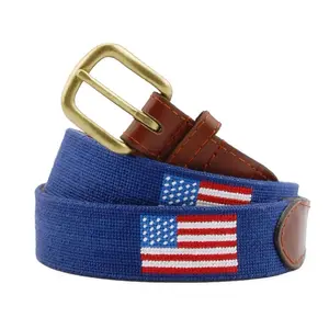 Smathers & Branson American Flag Needlepoint Belt - 100% Hand-Stitched, Full Grain Italian Leather Lining, Solid Brass Buckle, 1.25" Width, Handmade Wooden Gift Box