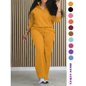 Women's Half Placket Split Hem Pants Set, Casual Long Sleeve Top & Pocket Wide Leg Trousers for Summer, Ladies Clothes for Daily Wear