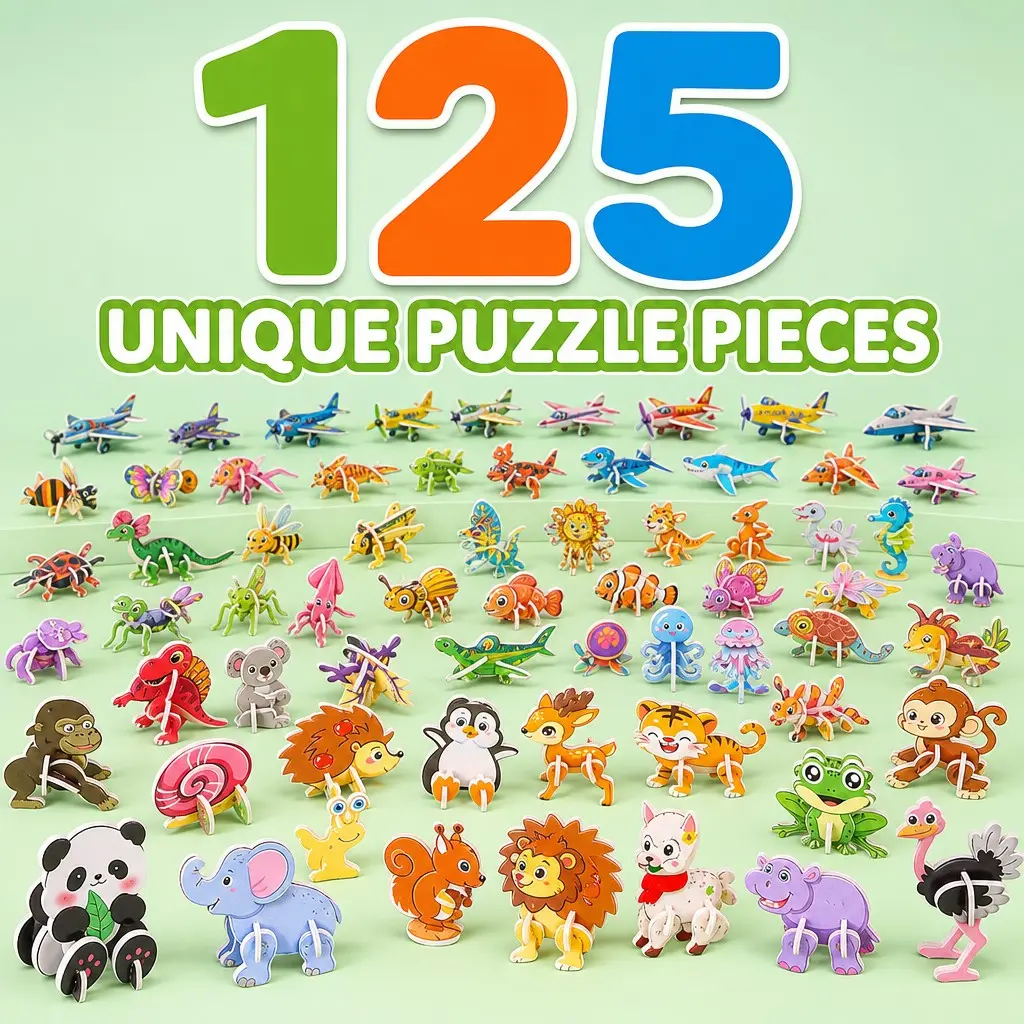 125PCS Lightweight Foam Montessori STEM Puzzle Set for Beginner Kids - 3D Educational DIY Craft Kit, Fine Motor Skills Development, Preschool Learning Toys, Christmas Party Favors (Animals, Dinosaurs, Ocean Life, Airplanes)