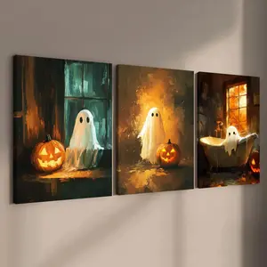 Ghost & Pumpkin Head Pattern Canvas Painting with Frame, 3 Counts/set Halloween Themed Wall Art, Wall Decor for Home Living Room Bedroom