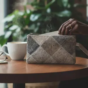 Genuine Leather Fur Flat Patchwork Wristlet Pouch Bag