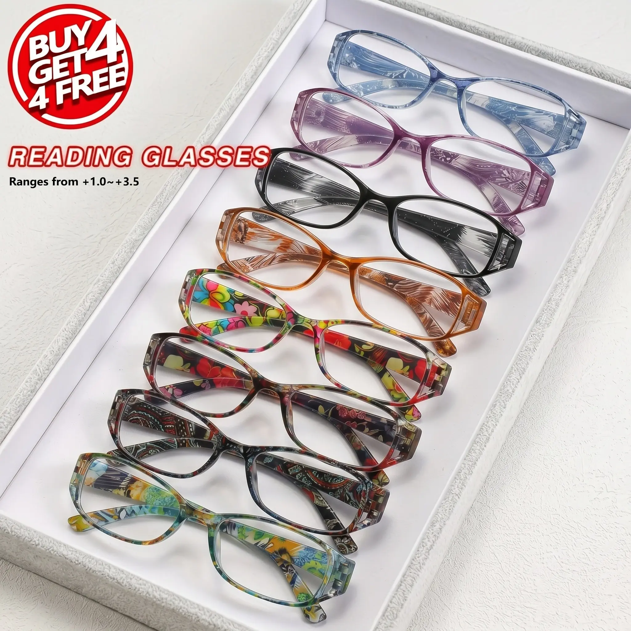 8 Pairs Women's Floral Reading Eyeglasses, Anti-Blue Light Rectangular Lightweight Frames, Multiple Colors Available, Daily Casual Eyewear Set