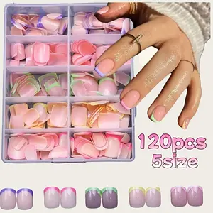 120pcs Multicolor French Press-On Nails, Perfect Fit Short Square Matte Nails, Holiday Rainbow Nails for Women Girls Students