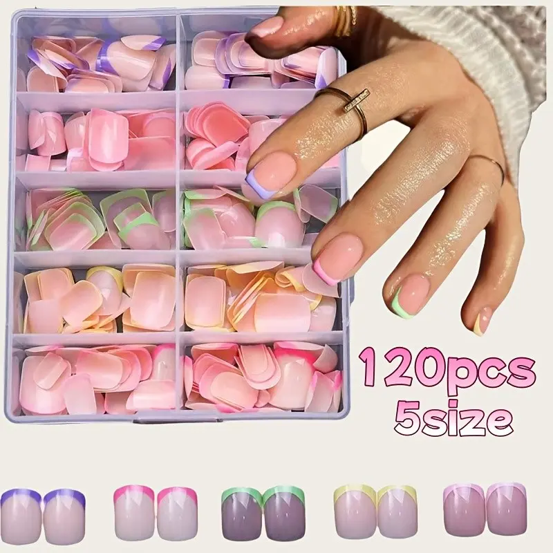 120pcs Multicolor French Press-On Nails, Decorative Nails, Nail Art Supply, Perfect Fit Short Square Matte Nails, Holiday Rainbow Nails for Women Girls Students, Nail Set