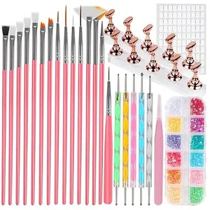 25PCS Nail Art Tools Set, Includes Nail Art Brushes, Nail Stand, Dotting Tools, Striping Liner Fingernail Drawing Pens, Jelly Glue, tweezers, Sequins, Professional Nail Art Supplies Kit