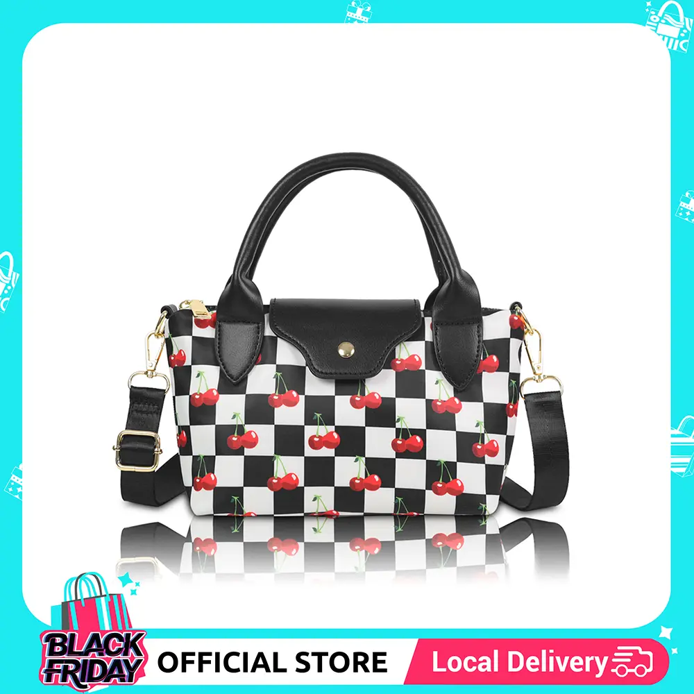 Women's Elegant Cherry Black & White Checkered Plaid Nylon Crossbody Tote Bag, Business Casual Lightweight Adjustable Shoulder Purse with Zip Closure for Work & Daily Commuting, Purses