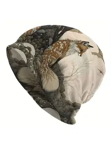Men's Boho Ethnic Snow Fox Print Beanie Hat - Lightweight Winter Skull Cap with Nature-Inspired Design for Skiing, Hiking & Casual Outfits, Skiing Accessory, Detailed Graphic Print