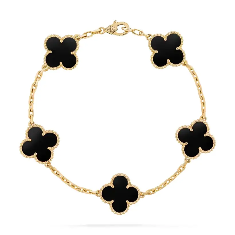 Pre-owned Van Cleef & Arpels Vintage Alhambra Bracelet 5 Black Onyx Stones, 18K Yellow Gold, Full Set