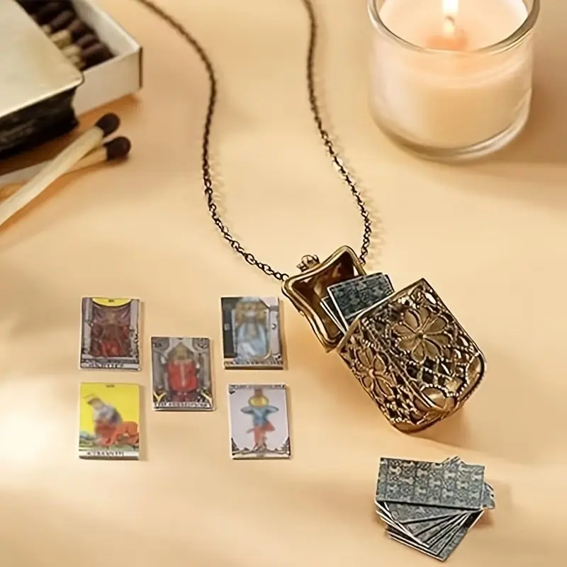 Antique Bronze Filigree Mini Tarot Card Locket Necklace, Hollow Flower Box Pendant, Spiritual Witchy Occult Jewelry, Gift for Tarot Readers