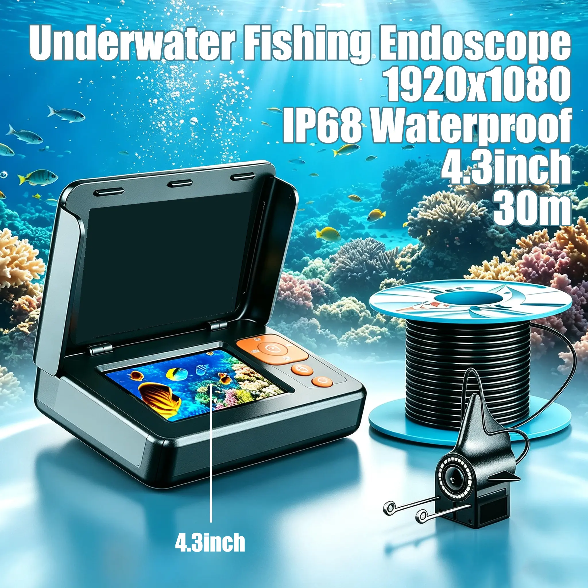 Outdoor Gadgets Fishing Detector with 4.3-in Screen, 1181.1-in Underwater Fish Endoscope, 1080P HD High-Res Display, 5000mAh Built-in Battery, Type-C Charging, 8 LED Adjustable Light, for Outdoor Fishing