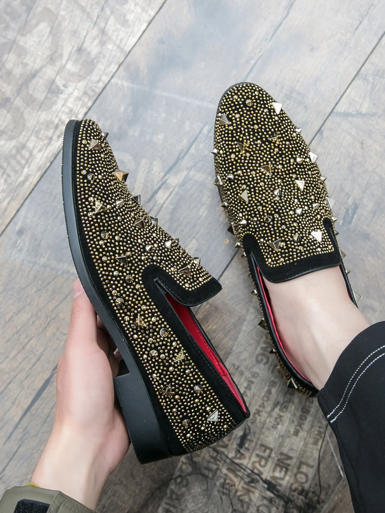 Men's One-Step Crystal Rhinestone Loafers, Rivet Nightclub Pointed Toe Shoes, Vintage British Style, Comfortable Daily Wear, Sizes 38-47