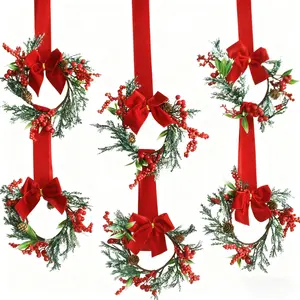 6-Pack Christmas Mini Window Wreaths with Ribbon Bows & Red Berries - Small Cabinet Hangers, Farmhouse Style Kitchen Door Decor for Christmas Party Arrangements 6-pack christmas mini window wreath