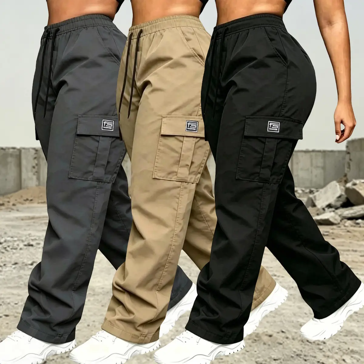 Women’s solid-color cargo pants, 3-pack, featuring an elastic waistband for a comfortable fit and practical, spacious pockets for easy storage.Versatile for all seasons; suitable for everyday casual wear, outdoor outings, and workwear; women’s outdoor car