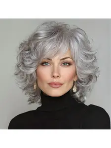 12-inch elegant grey curly wig with bangs, made of synthetic fiber with rose-colored high-temperature silk. Suitable for cosplay, parties, Halloween, celebrations, and everyday wear. Also suitable for Halloween costumes, cosplay wigs, fashion hair accesso