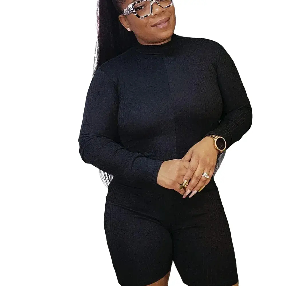 Sleek Mode Ribbed Romper - Women's Black Jumpsuit with Long Sleeves & Comfortable Fit for Womenswear