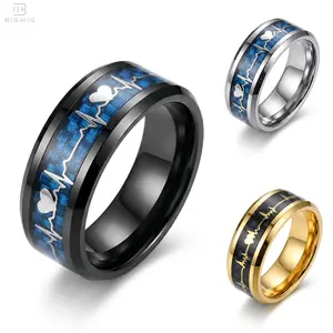 Heartbeat Carbon Fiber & Stainless Steel Ring for Men, Blue/Gold EKG Pulse Design Ring, Romantic Couple Promise Ring, Unisex Wedding Ring, Father's Day Gift 2026 Graduation Jewelry, Gift for Him summervibes