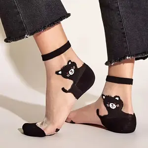 Black Cartoon Cat Print Ultra-Thin Transparent Socks with Cat Illustrations  for Daily Wear and Outdoor Activities Cute