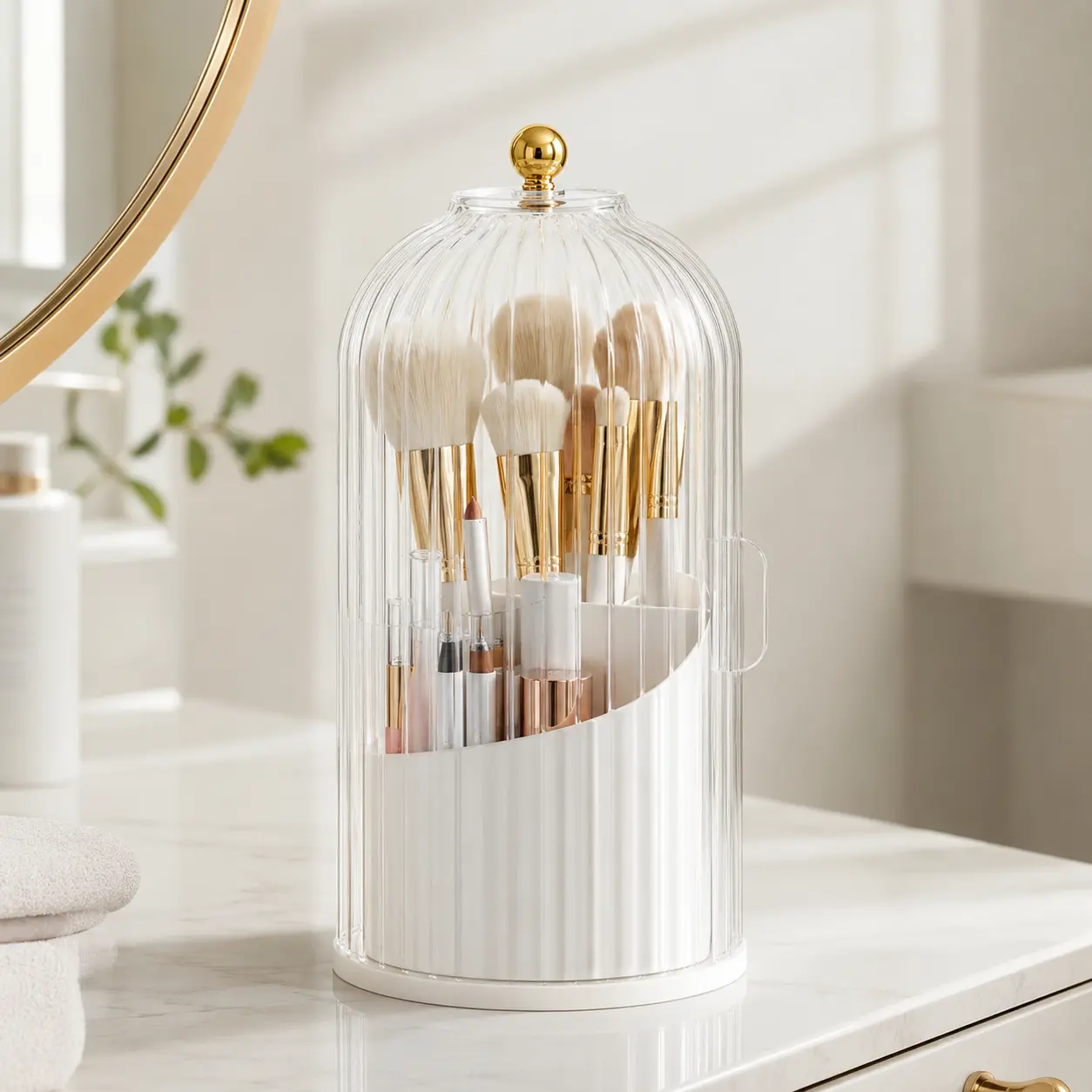 Makeup Brush Organizer with Cover, 360 Rotating Dustproof Cosmetic Storage Holder, 3-Slot Clear Vanity Countertop Organizer for Makeup Brushes, Toothbrushes, Razors and Beauty Tools