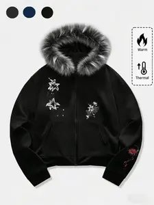 Y2K Gothic Style Skull Flower Print Hoodie, Unisex Dark Wind Fur Collar Zipper Coat, Trendy Skateboard Fashion, Fall & Winter