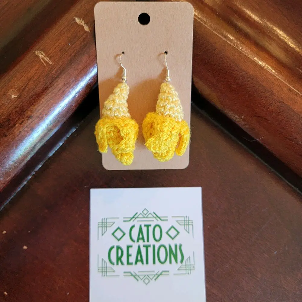 Cato Creations Crochet Banana Earrings Funky Jewelry Light Weight Handmade Yellow Accessories